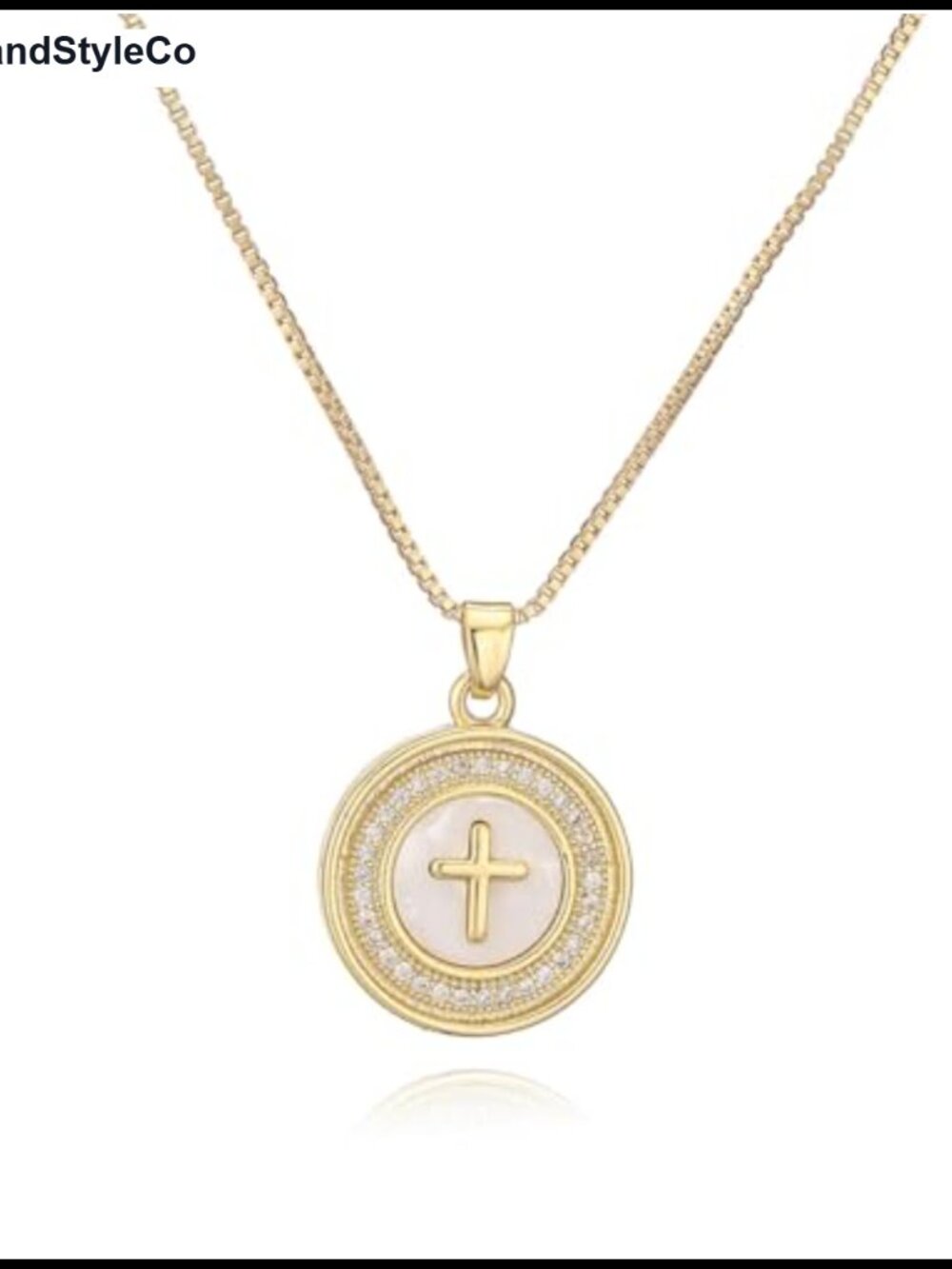 18K Gold Plated Cross Pendant Necklace, Mother of Pearl Medallion with CZ